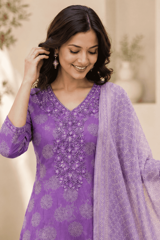 Lavender Cotton Bagru Handblock Kurta Set With Matching Dupatta