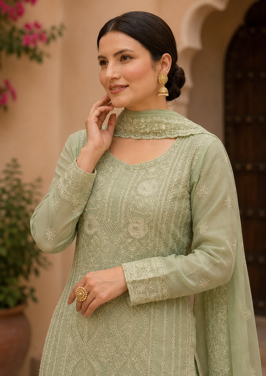 Semi-Stitched Soft Pastel Mint Green Organza Suit With Intricate White Thread And Golden Sequin Embroidery