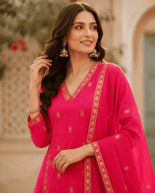 Fuchsia Pink Cotton Kurta Pant Set With Dupatta