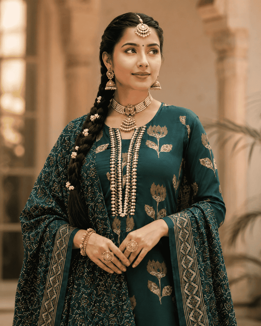 Dark Green Floral Printed Cotton Kurta Pant With Dupatta