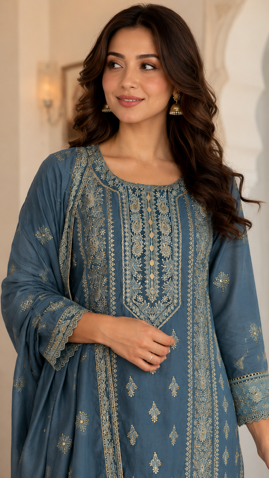 Dusty Blue Embroidered Cotton Kurta Pant and Dupatta