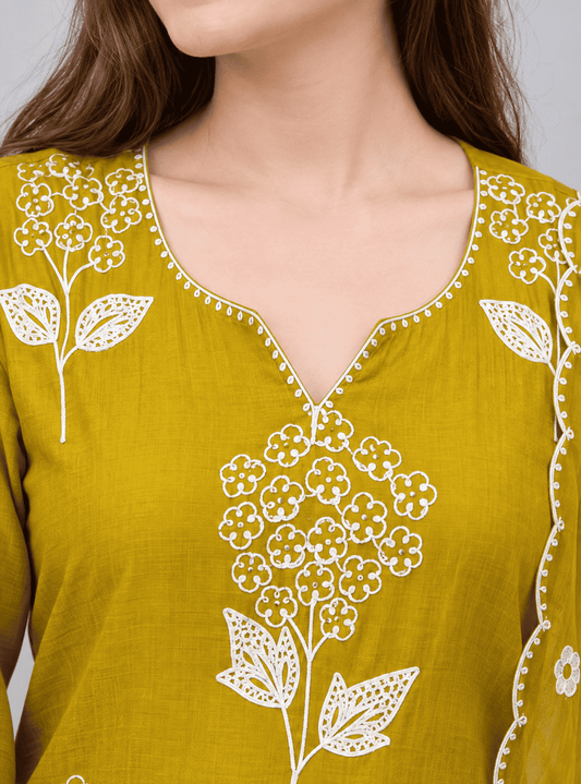 Mustard Yellow Embroidered Chanderi Kurta and pant with dupatta