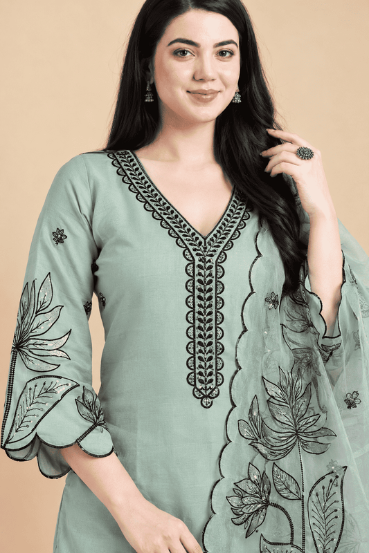 Sage Green Embroidered Roman Silk Kurta Pant and Dupatta