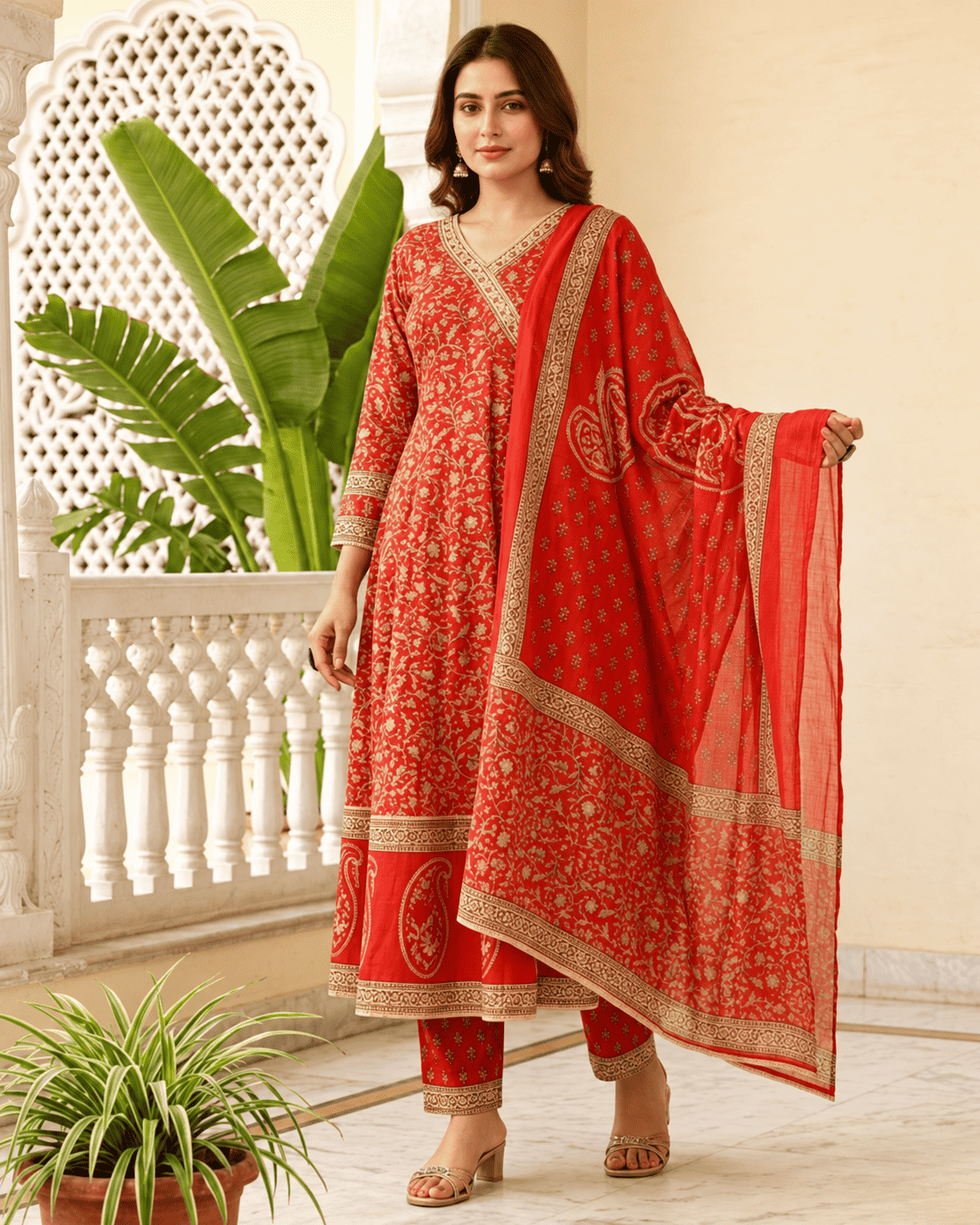 Vibrant Red Cotton Floral Handblock Sangneri Angrakha-Style Kurta Set With Dupatta