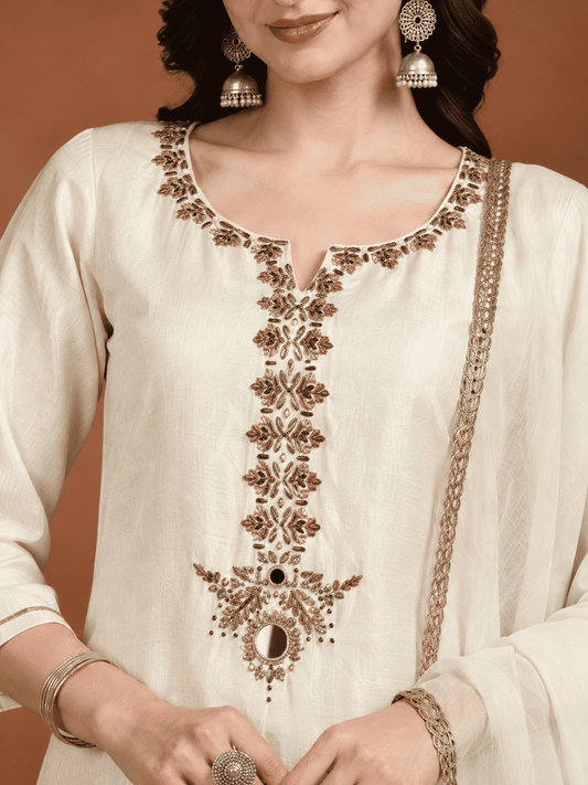 Ivory Embroidered Dola Silk Kurta and Palazzo with dupatta