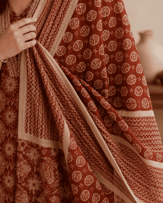 Rust Red Printed Cotton Blend Kurta and Pant with Dupatta