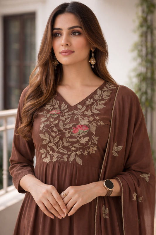 Brown Cotton Blend Embroidered Anarkali Kurta Pant With Elegant Dupatta