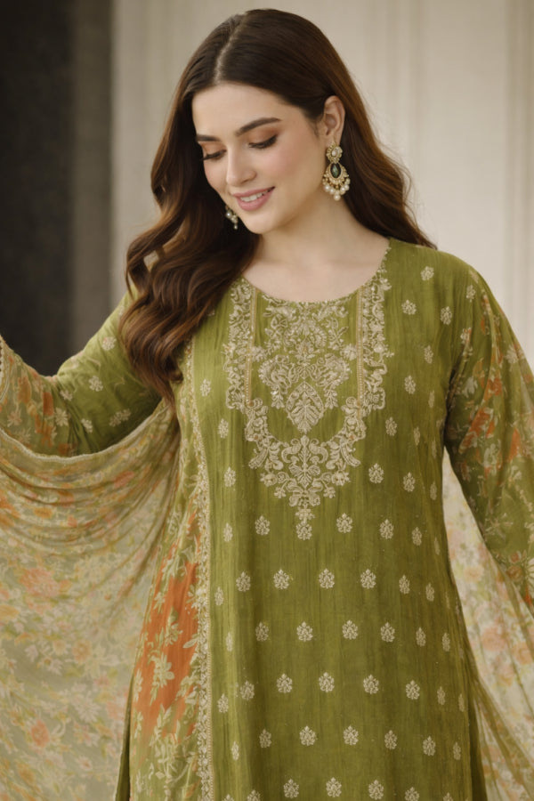 Olive Green Rayon Digital Printed Kurta Pant With Traditional Dupatta