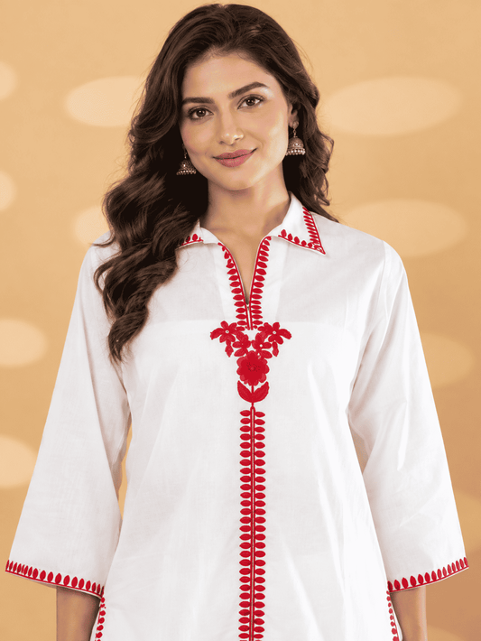 White Embroidered Cotton Blend Co-ord Set