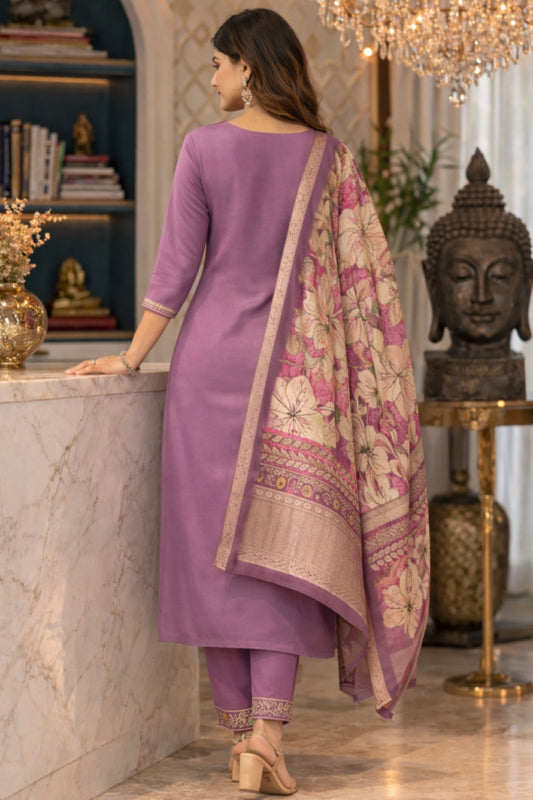 Lavender Cotton Blend Kurta Pant With Floral Printed Dupatta