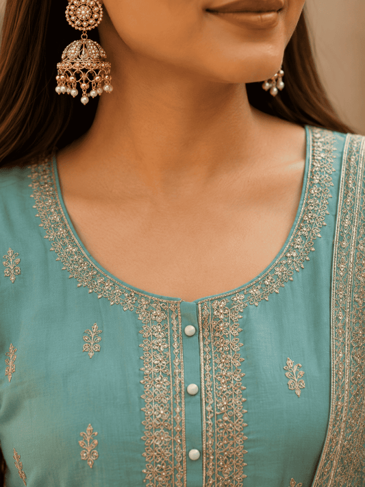 Semi-Stitched Light Aqua Pure Organza Suit With Delicate Zari–Resham Thread Embroidery