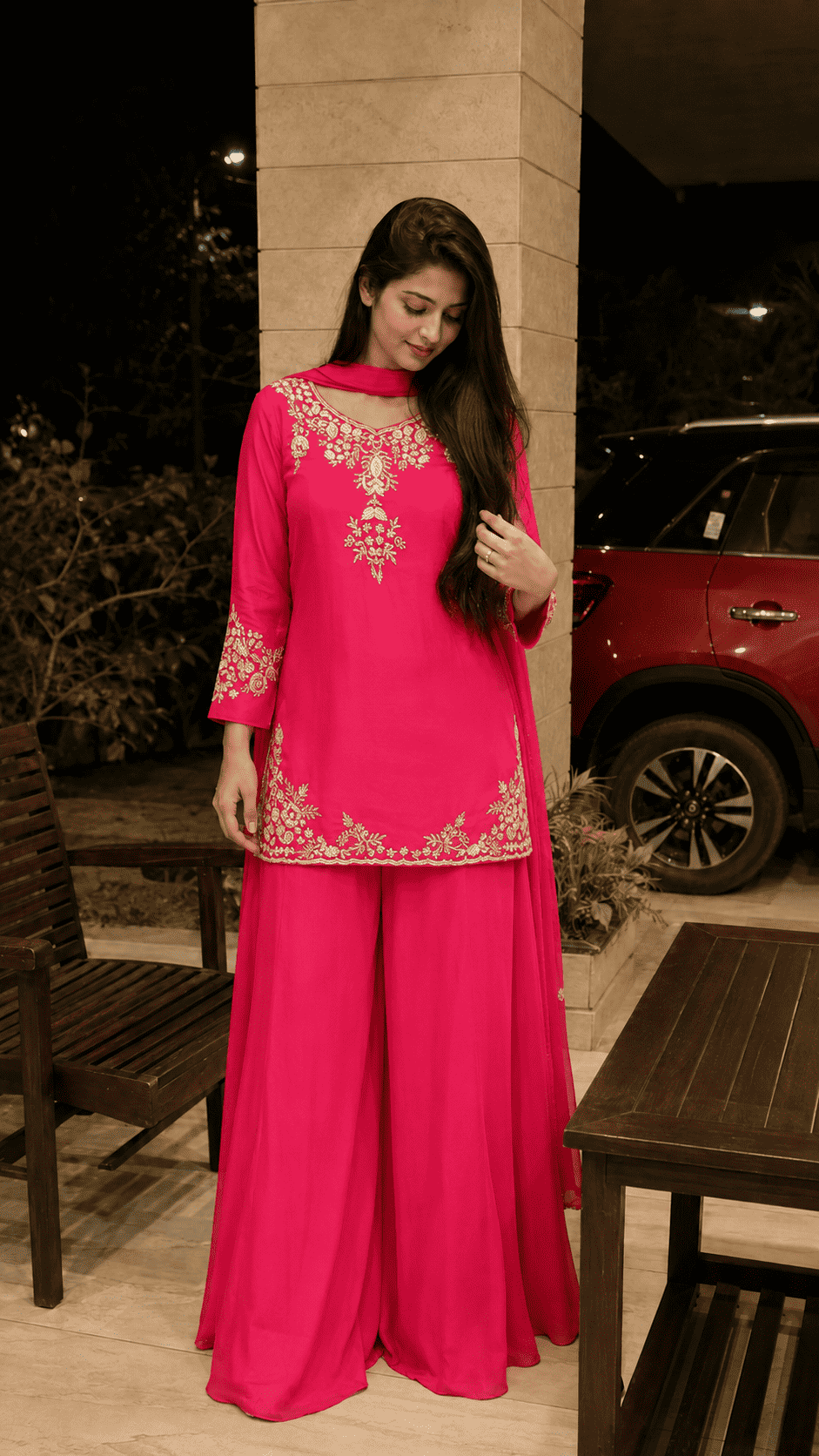 Fuschia Pink Shantoon Embroidered Kurta Pant With Dupatta