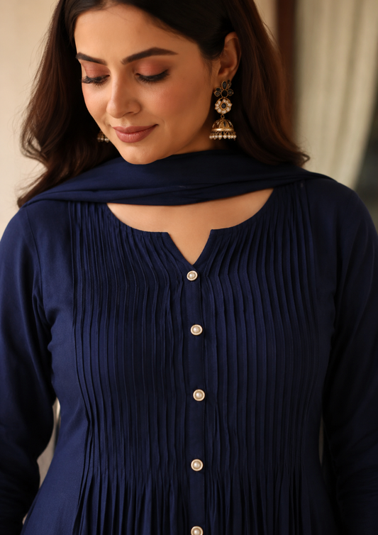 Navy Blue Cotton Anarkali Kurta Pant With Floral Embroidery And Dupatta
