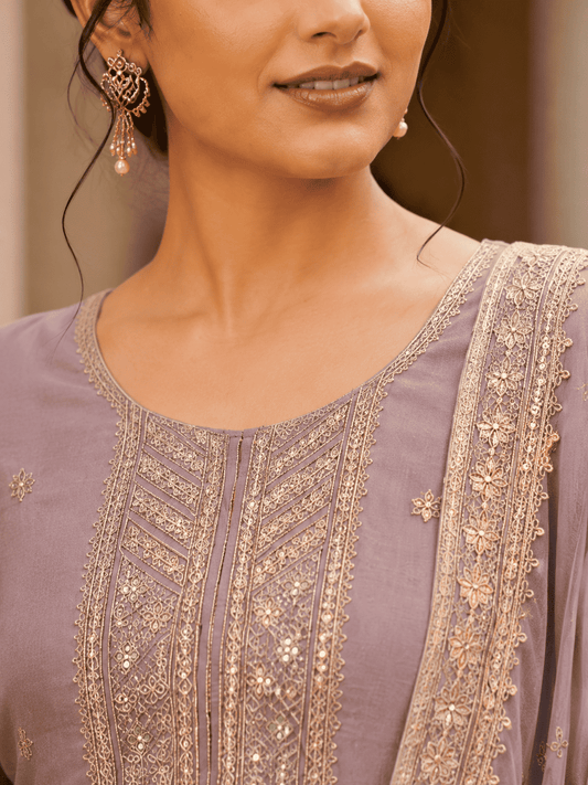 Lilac Semi-Stitched Sheer Organza with Sequins Suit Set With Dupatta
