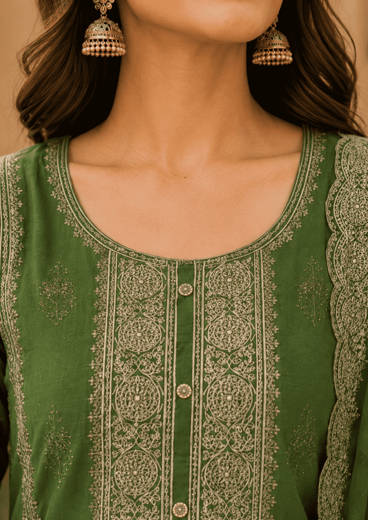Bottle Green Semi-Stitched With Embroidery Chiffon Suit Set With Dupatta