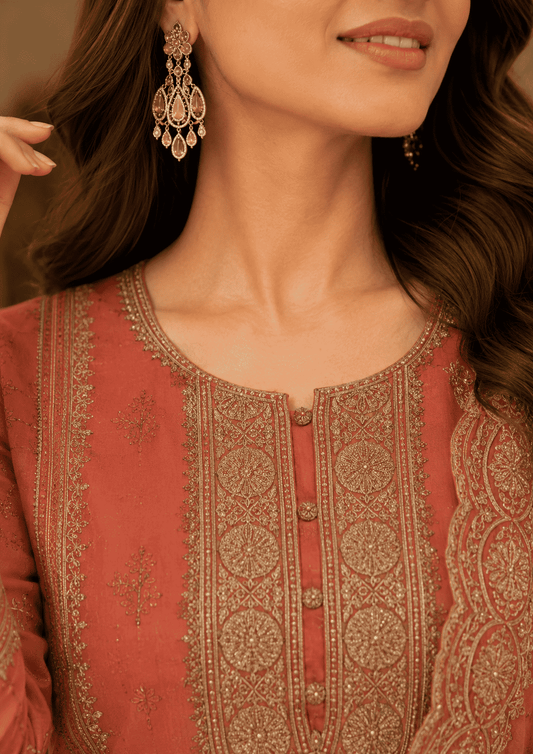 Watermelon Pink Semi-Stitched Tissue Suit Set With Dupatta With Delicate Pastel Sequin Embroidery