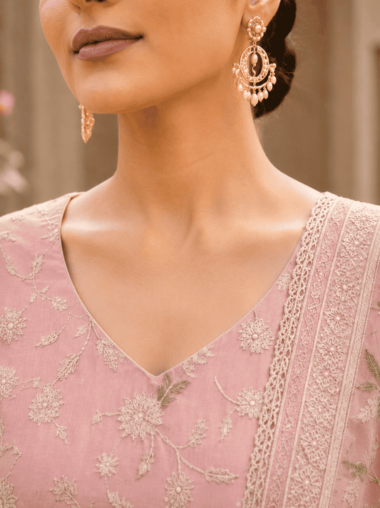 Unstitched Antique Rose Pink Fine Muslin-Cotton Blend With Sequin Accents And Textured Embroidered Suit Material