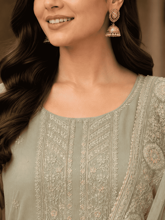 Muted Grey Semi-Stitched Organza With Floral Embroidery Suit Set With Dupatta