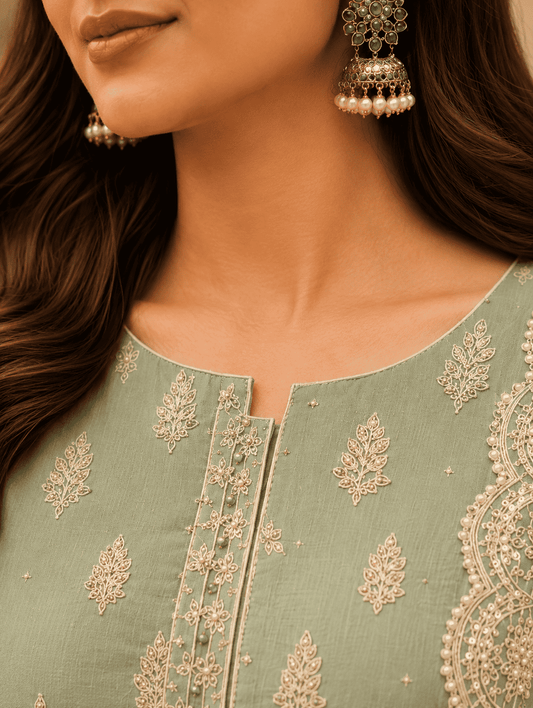 Semi-Stitched Sea-Green Soft Georgette Suit With Ivory Sequin Tree Motifs