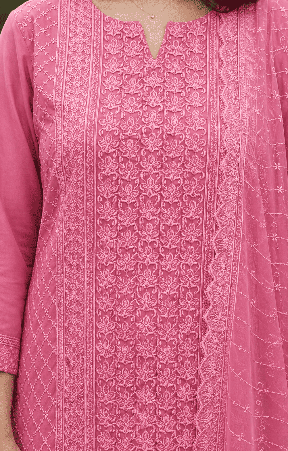 Pink Chikankari Embroidered Georgette Kurta Pant Set With Dupatta