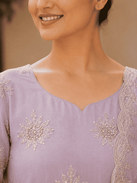 Semi-Stitched Mauve Lilac Chiffon Suit With Heavy Floral Sequin Border Detailing