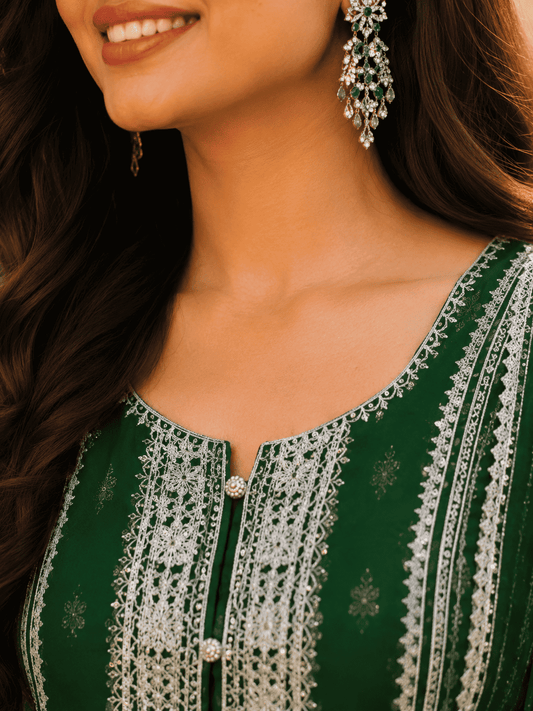 Semi-Stitched Soft Organza In A Forest Green Shade With Intricate Multicoloured Thread And Zari Embroidery Suit Material