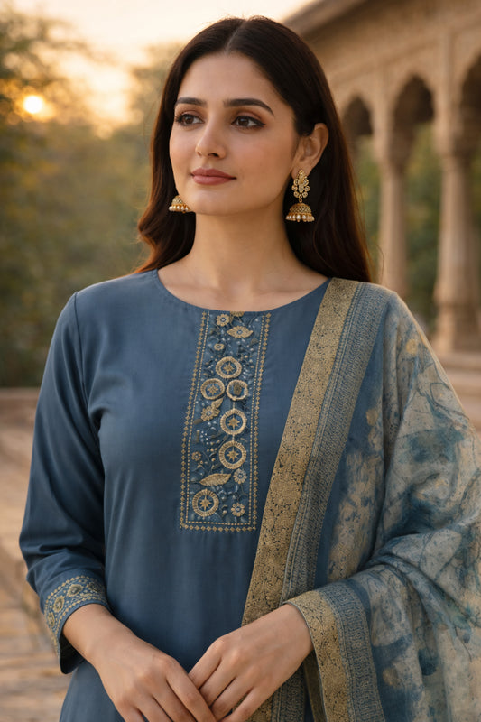 Dark Blue Cotton Blend Kurta Pant With Floral Printed Dupatta