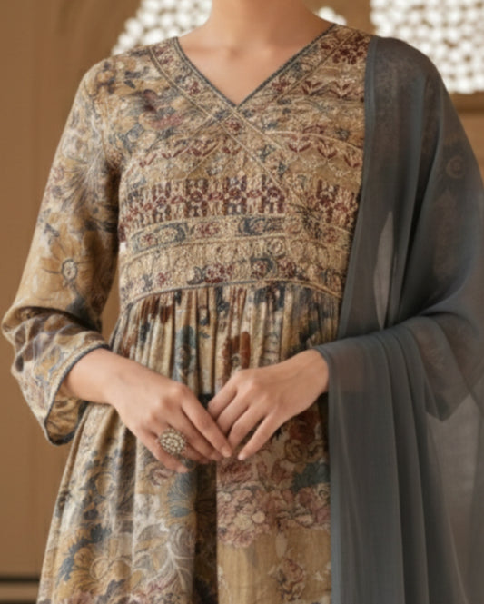 Olive Beige Cotton Blend Floral Kurta Set With Grey Dupatta