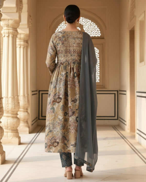Olive Beige Cotton Blend Floral Kurta Set With Grey Dupatta