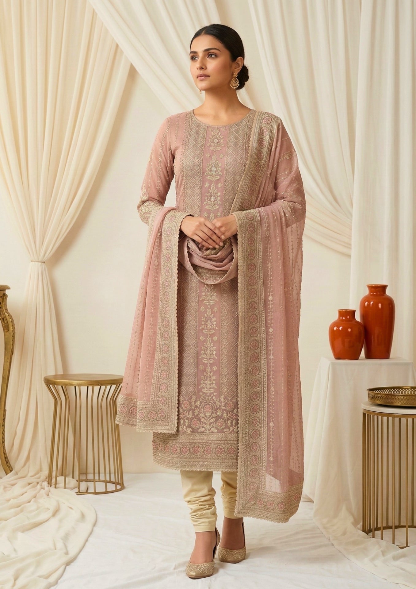 Unstitched Soft Blush Pink Organza With Intricate Ivory And Gold Threadwork Embroidery Suit Material