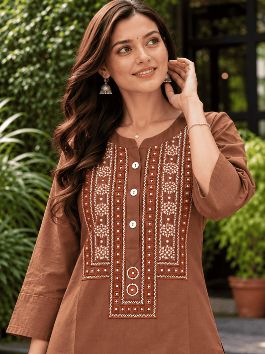 Cocoa Brown Embroidered Rayon Kurta Pant Set