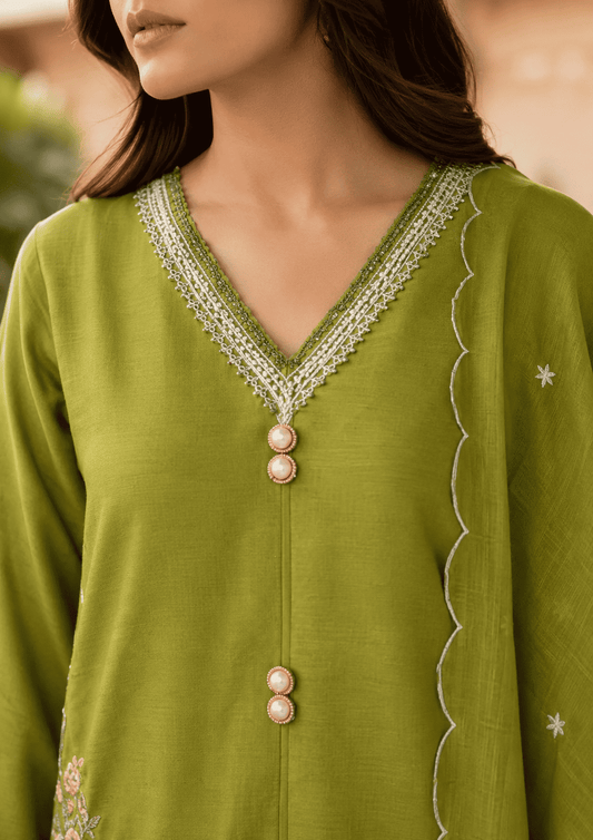 Olive Green Silk Embroidered Kurta pant Set with Dupatta