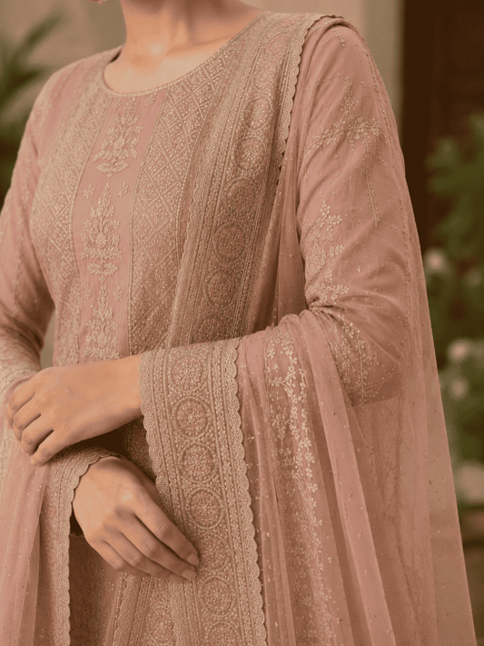 Unstitched Soft Blush Pink Organza With Intricate Ivory And Gold Threadwork Embroidery Suit Material
