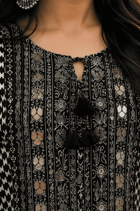 Black Muslin Subtle Embroidered and Printed Kurta Pant Set