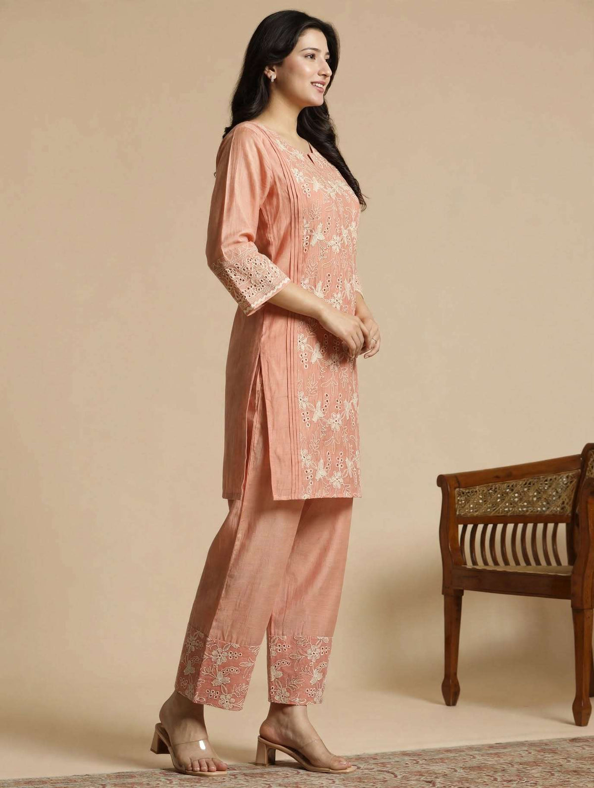 Pink Embroidered Mul Chanderi Kurta Pant Set