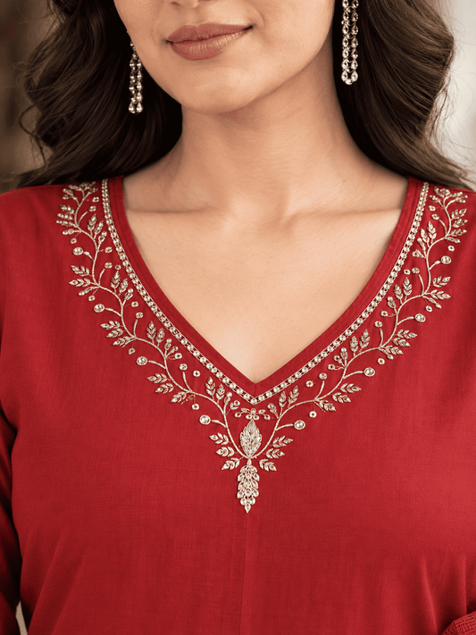 Maroon Embroidered Rayon Kurta Pant and Dupatta