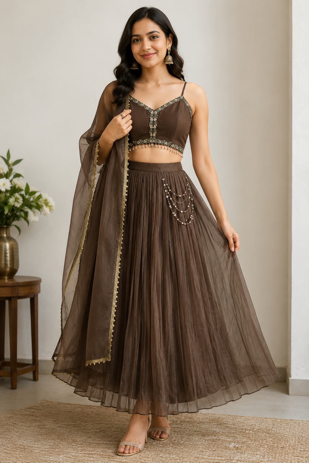 Dark Grey Shimmer Organza Blouse and Pleated Lehenga with Dupatta