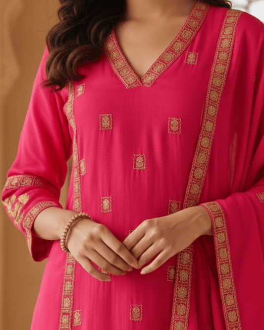 fuchsia pink cotton kurta pant set with dupatta