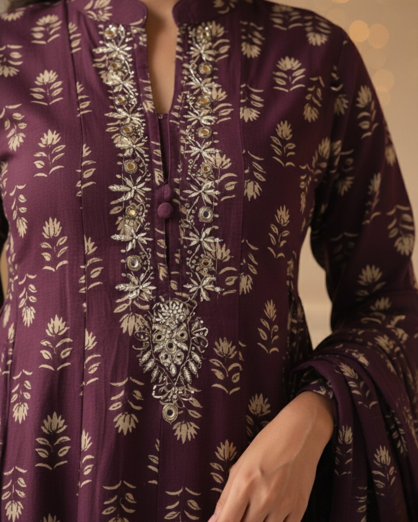 Deep Purple Cotton Handblock Sangneri Style Anarkali Kurta Set With Dupatta