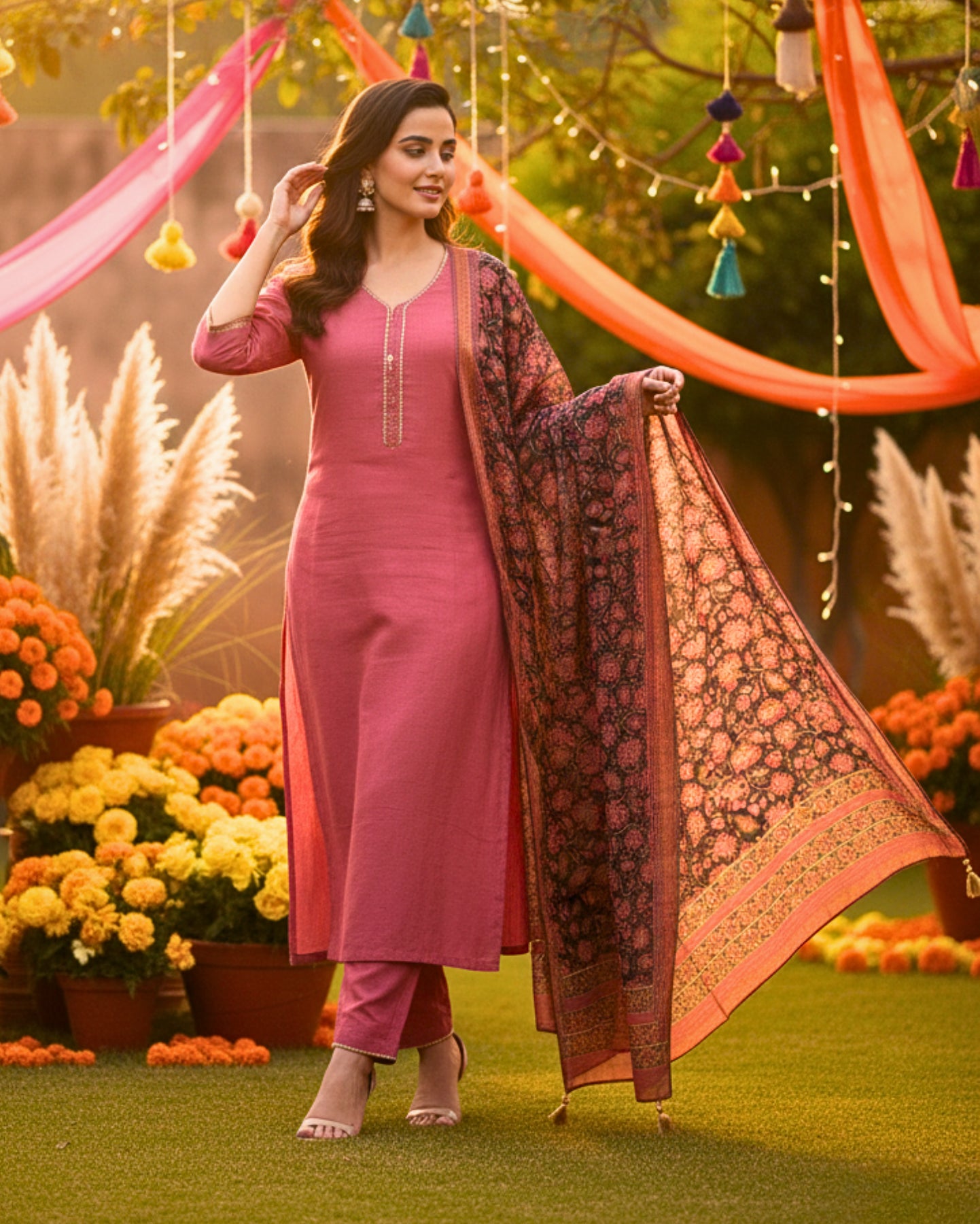 Dusty Coral Pink Cotton Mix Kurta Set With Sequin Border And Dupatta