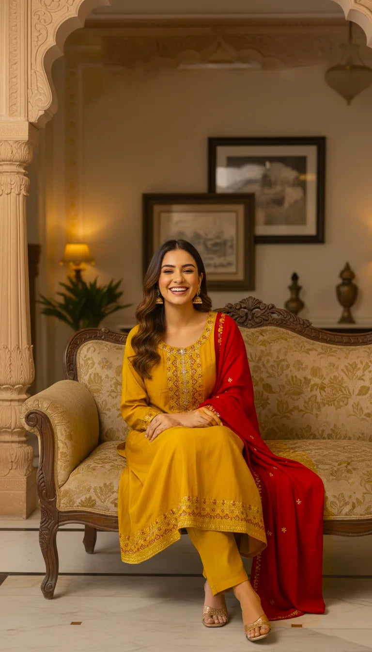 Mustard Cotton Mix Embroidered Kurta Set With Maroon Dupatta