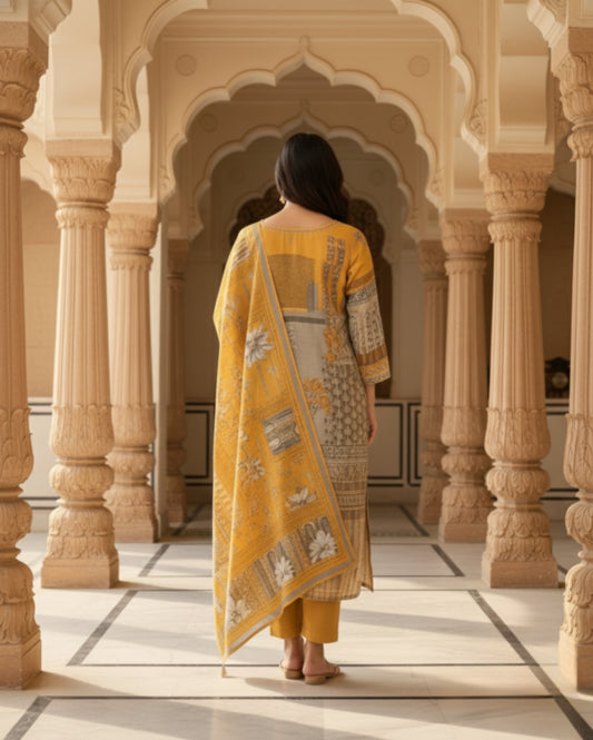 Grey Mustard Printed Sequin Detailed Cotton Linen Kurta Set With Dupatta