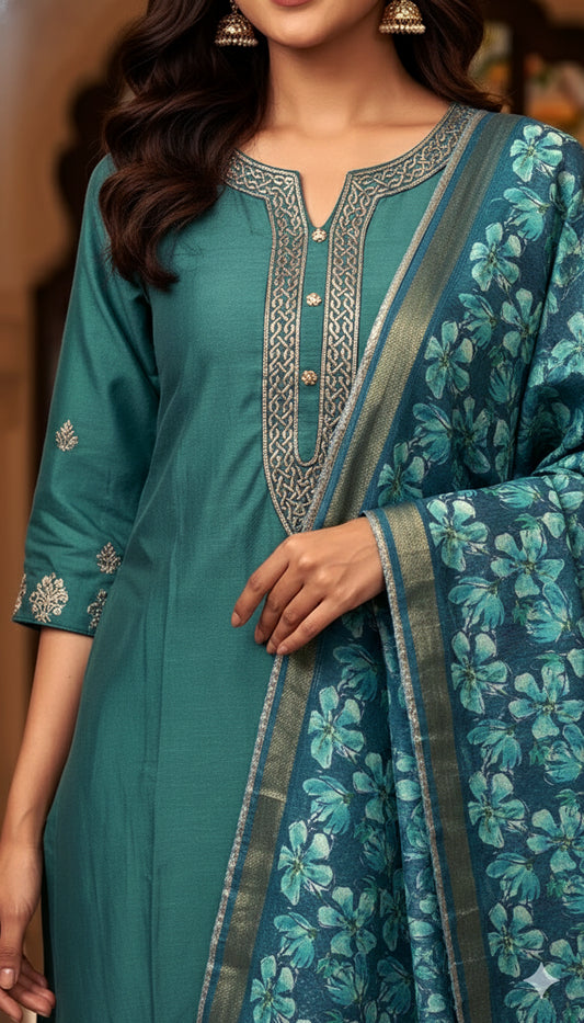 Teal Embroidered Neckline Cotton Mix Kurta Set With Dupatta