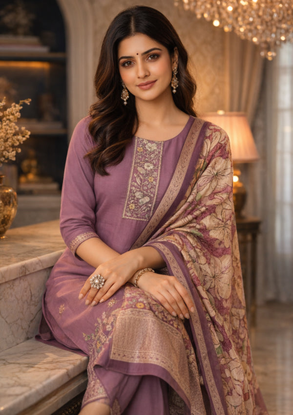 Lavender Cotton Blend Kurta Pant With Floral Printed Dupatta