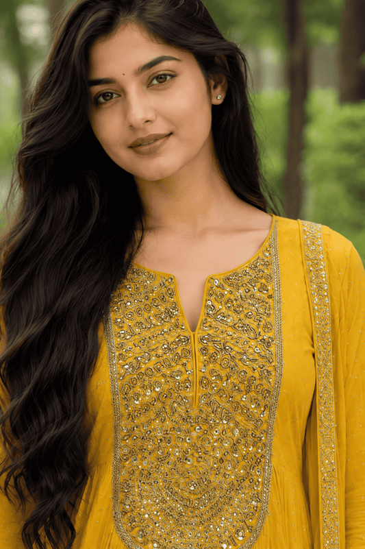 Yellow Mul Chanderi Embroidered Anarkali Kurta and Farshi With Dupatta