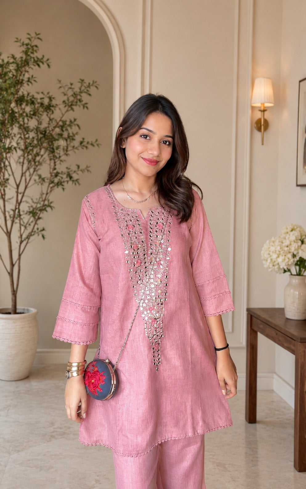 Dusty Pink Cotton Blend Embroidered Kurta With Pant