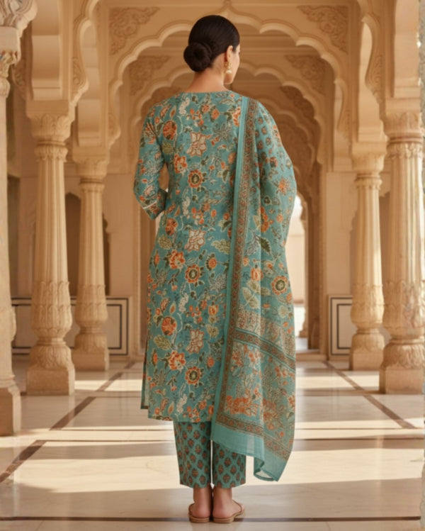 Floral Sea-Green Cotton Kurta With Patterned Straight Trouser Paired With Dupatta