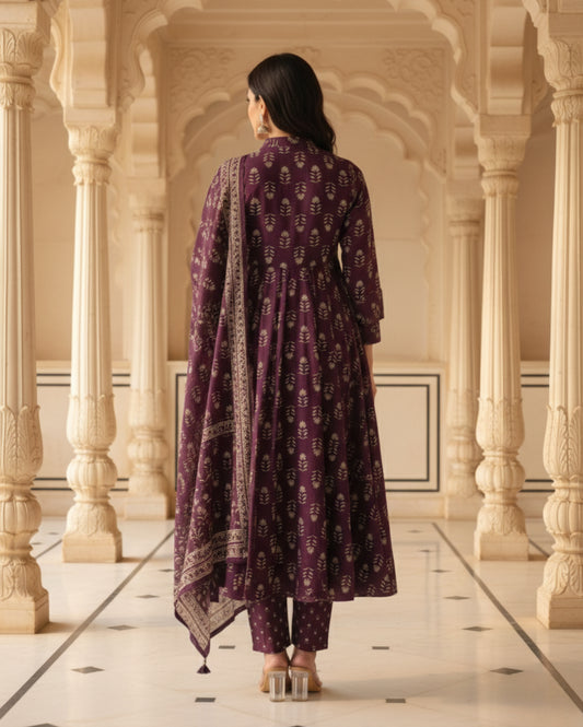 Deep Purple Cotton Handblock Sangneri Style Anarkali Kurta Set With Dupatta