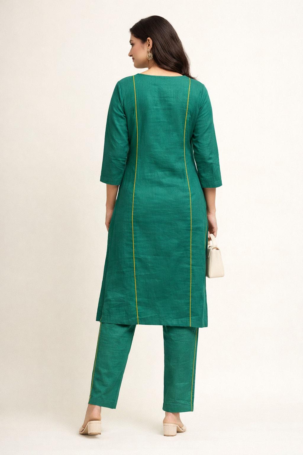 Emerald green vibrant multicolour panel design linen kurta pant set