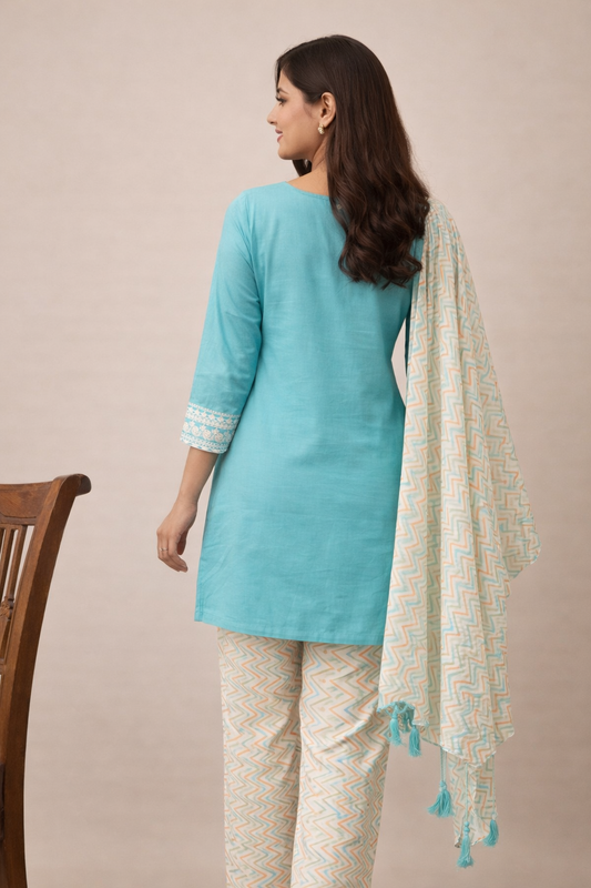 Sea green cotton kurta set with printed dupatta